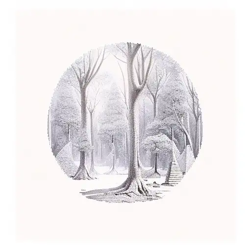 A Mystical Forest With Hidden Egyptian Artifacts And Scientific Instruments Hidden Among The Trees