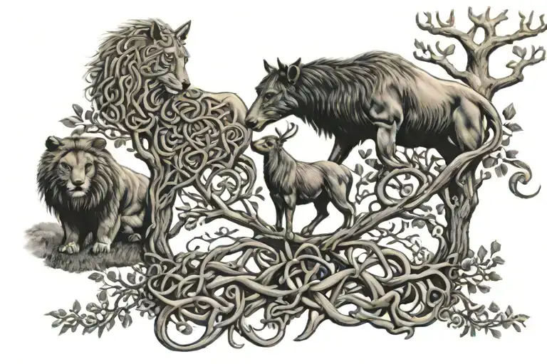 Celtic Tree Of Life Intertwined With Celtic Animals