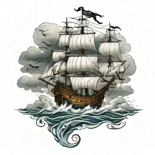 Pirate Ship Sailing Through Stormy