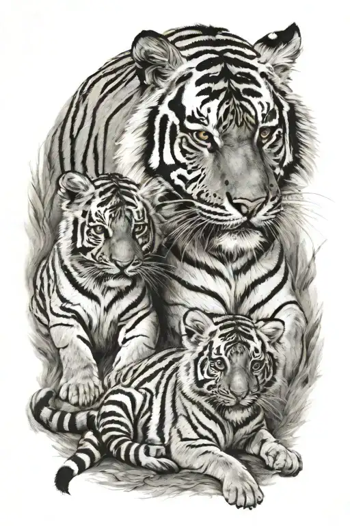Tiger With 2 Baby Tigers