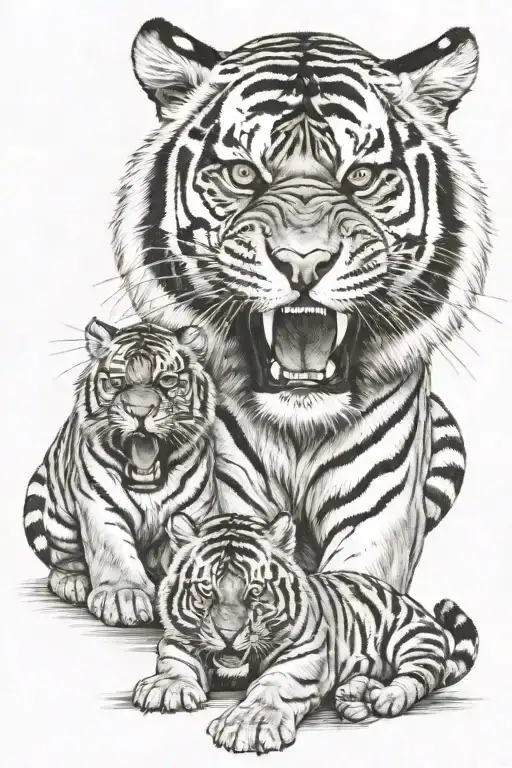 Angry Tiger With 2 Baby Tigers