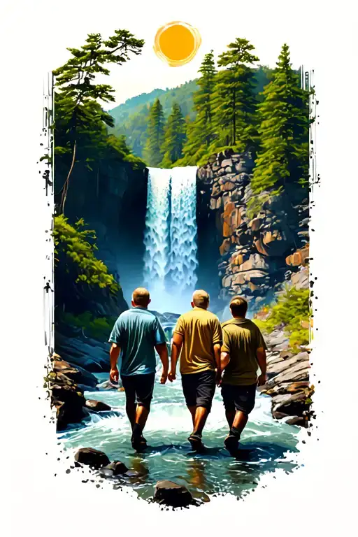Two Brothers Walking Towards Waterfall