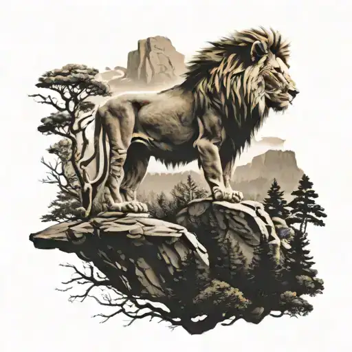 Lion King On Top Of Mountain With Forest Trees Looking