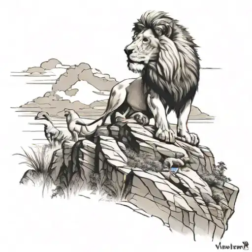 Lion King On Top Of Mountain With A Pack Roaming