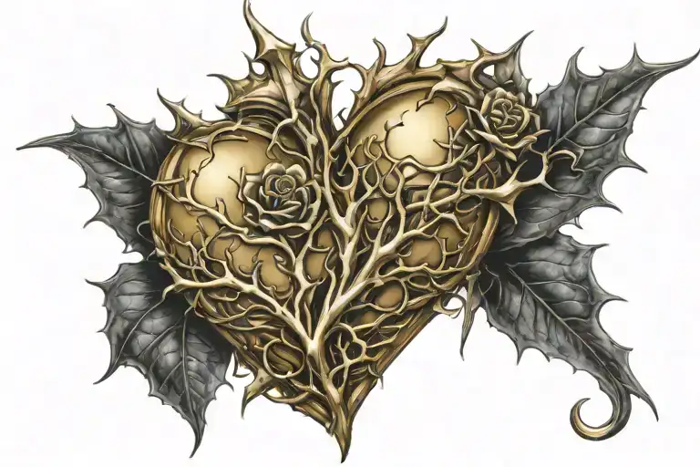 Realistic Golden Heart Under Fire Embeded On Skin And The Thorns