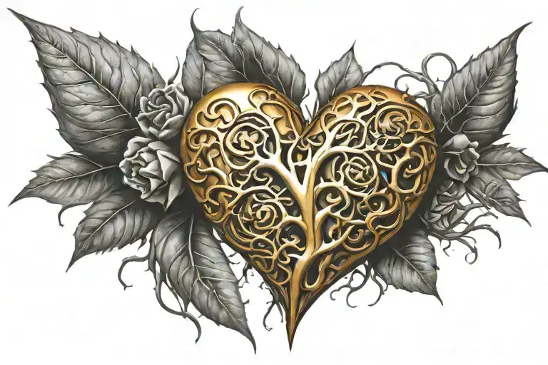 Hyper Realistic Golden Heart Under Fire Embeded On Skin And The Thorns