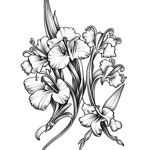 Red Gladiolus And Lily Of The Valley Flowers With Cross And Infinity Symbol In The Background