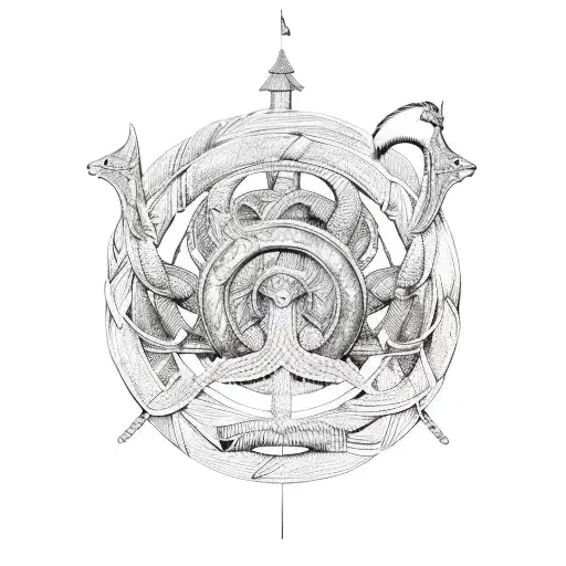 A Detailed Viking Ship Battle Scene With Intricate Line Work And Shading