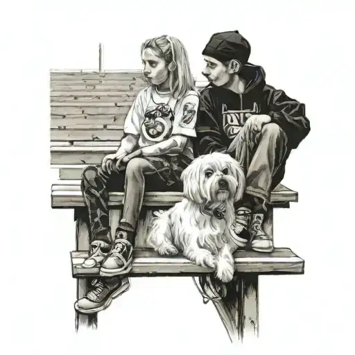 Two Kids Sitting On Bleachers Looking Away With A Maltese Sitting On The Ground