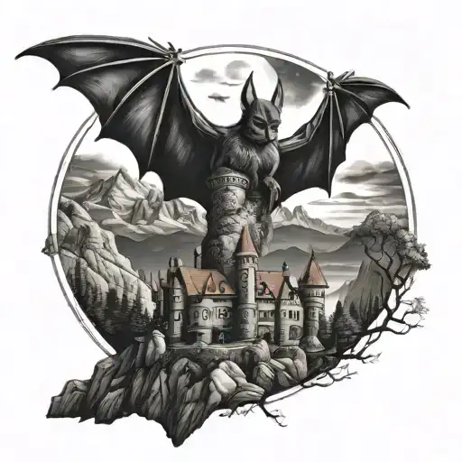 Bat And Night Castle In The Mountains