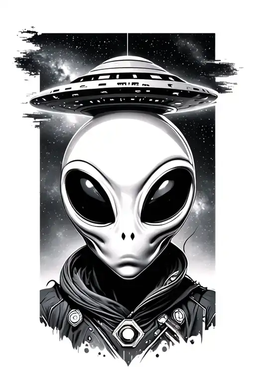 Galaxy Background With Alien And Ufo Black And White