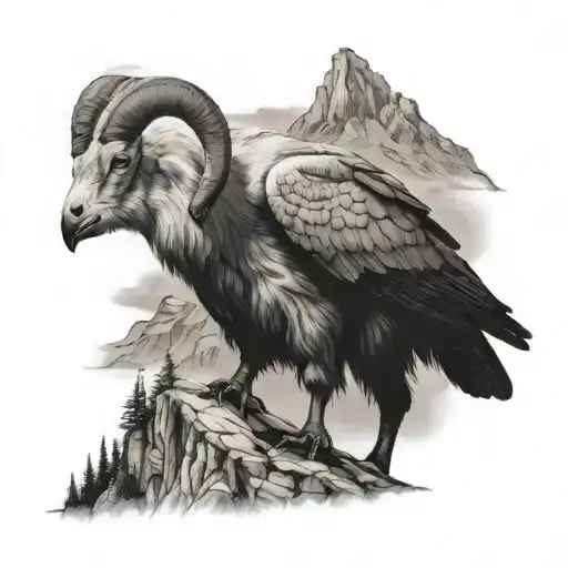 Mountain Goat And Raven In The Wild