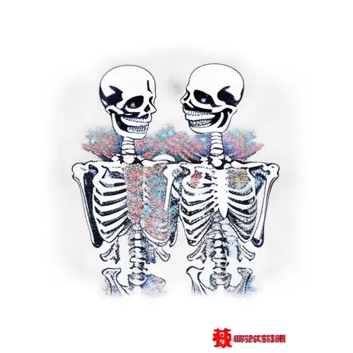 Skeletons Married In Front Of Red Curtains Surrounded By Golden Wreath Full Color