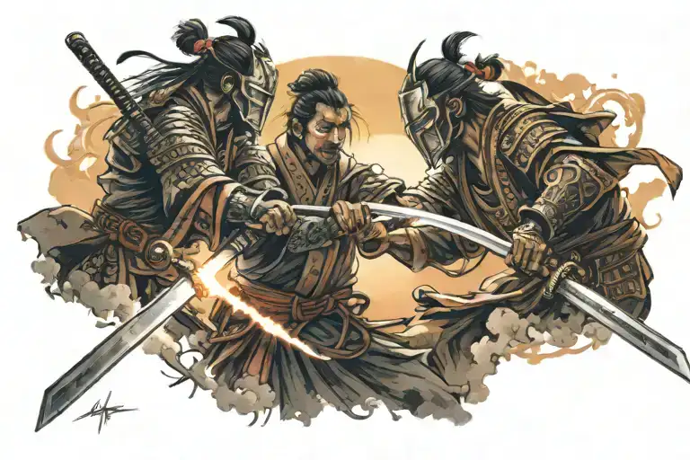 Two Samurai Clashing Swords Creating Sparks In Front Of A Sunset