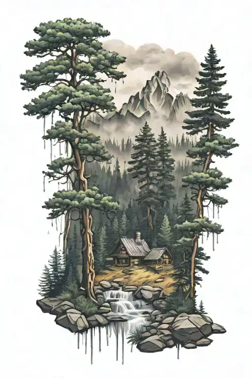 Forest And Mountain Landscape With Rain