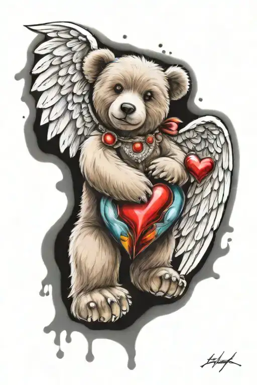 Create A Colourful Tattoo Design Of A Teddy Bear With Angel Wings And A Heart Gem
