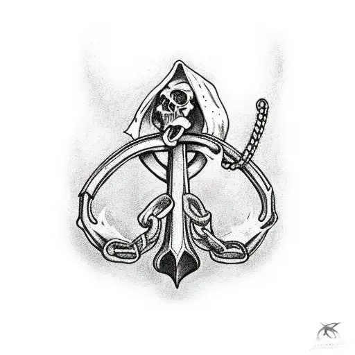 Full Reaper With Sythe Being Pulled Down With Anchor Connected By Chain At Feet