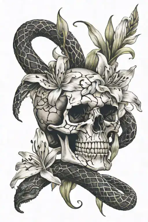 Shattered Skull With Black Rat Snake And White Lily Flowers