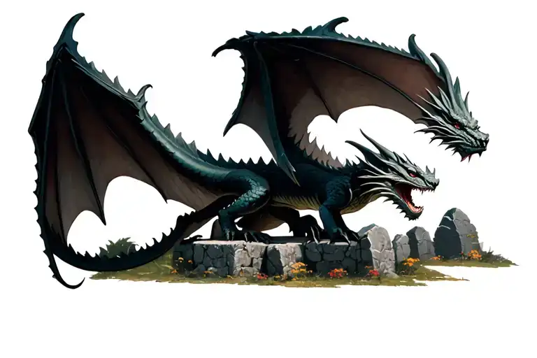 Dragon Flying On Top Of A Stone Grave Stone