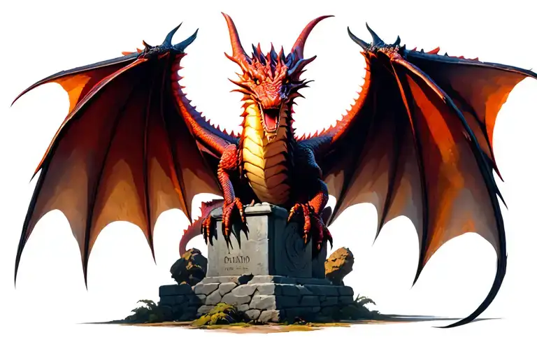 Red Dragon Flying On Top Of A Stone Grave