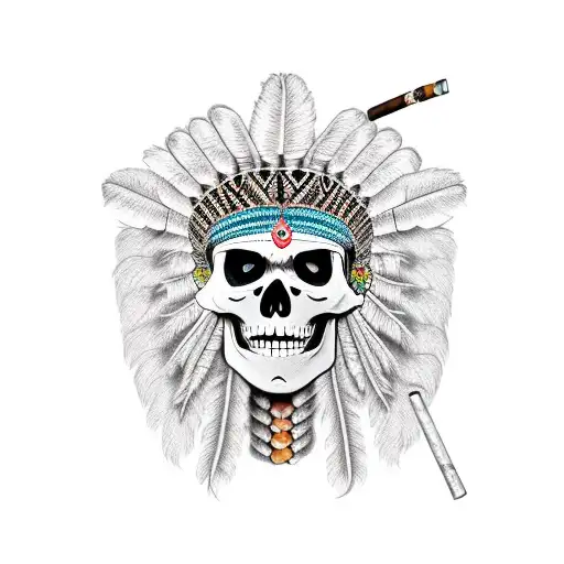 Skeleton Wearing Indian Head Dress Smoking A Pipe