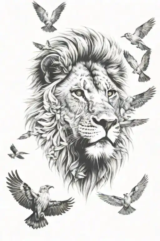 Lion Face Surrounded By Birds Perched