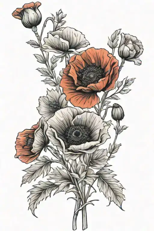 Red Poppy Bouquet With Stems With Birth Date