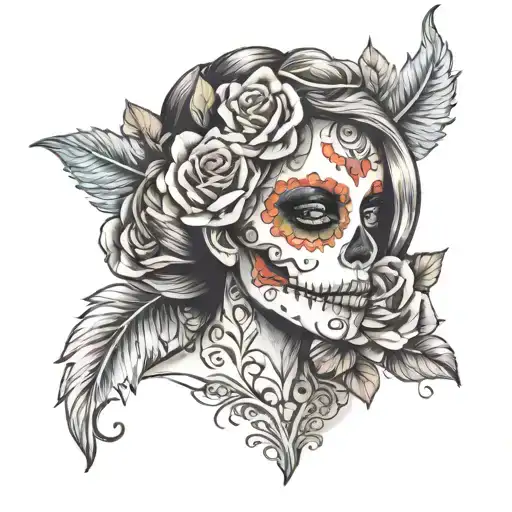 Muertos Women Face With Color Roses And Details