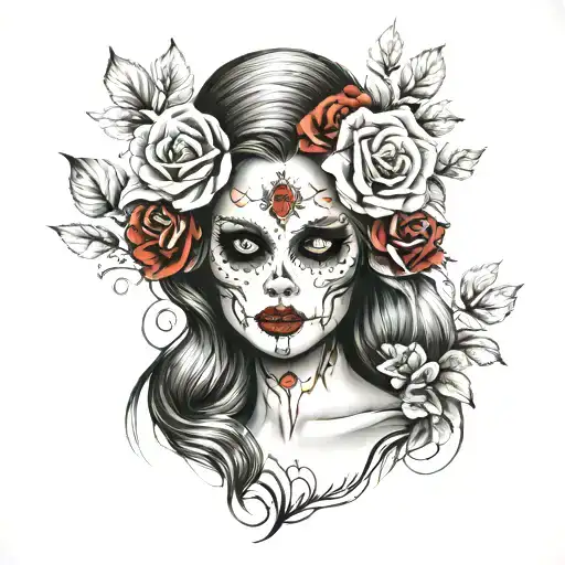 Muertos Women Face With Red Color Roses And Color Details