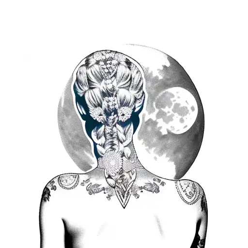 Silhouette Of Seated Womans Back With Crecent Moon In Background