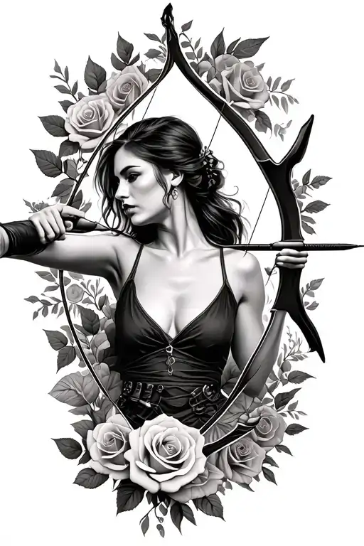 A Woman Shooting Herself With A Bow And Arrow With The Arrows Being Roses