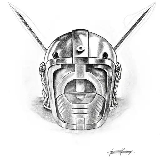 Broken And Bloody Spartan Helmet With Spartan Spear And Shield