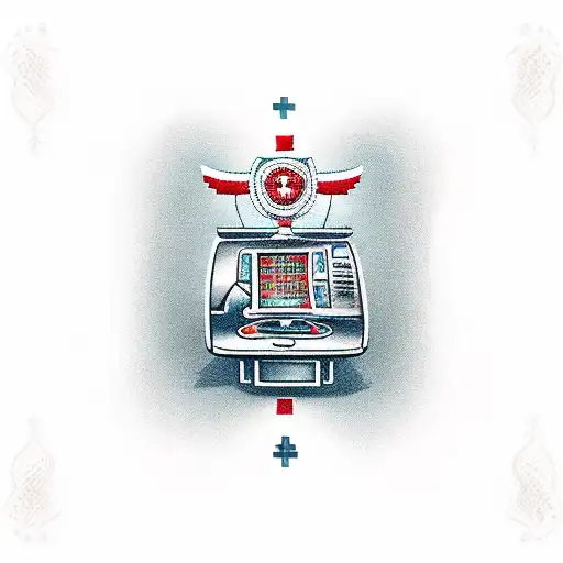 A Medic Standind Ina River With An Open Book Next To A Slot Machine With A Plane Above