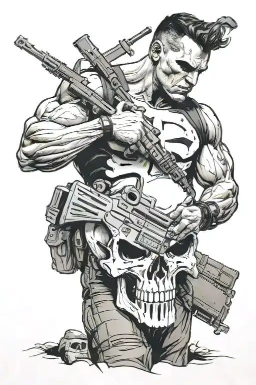 Punisher Standing On Deapool Skull With Guns In Hands