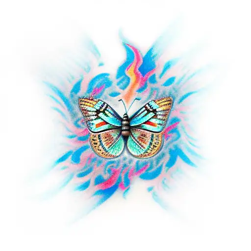 Seven Different Blue And Pink Butterflies In A Zig-zag With Flames