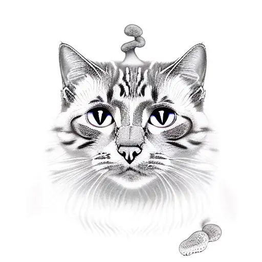 Realistic Portrait Of A Cat With Psylocybin Mushrooms Growing Out Of Its Fur