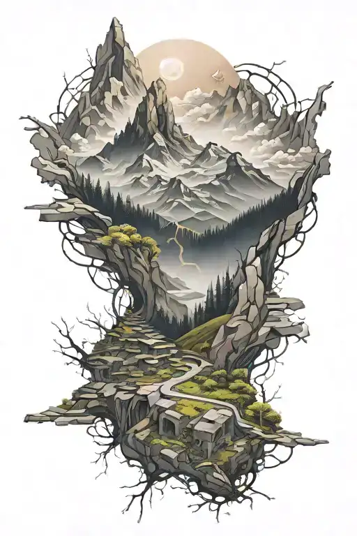 A Chaotic Mountain Landscape With Urban Graffiti Intertwined Throughout