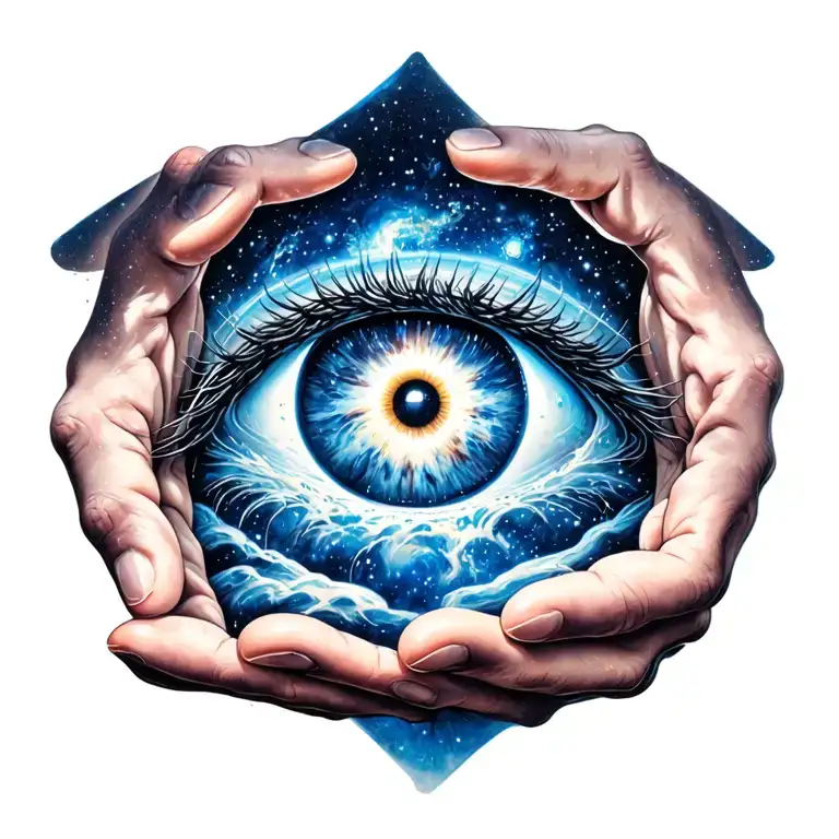 Eye With Two Hands And A Galaxy In The Middle Floating In The Universe