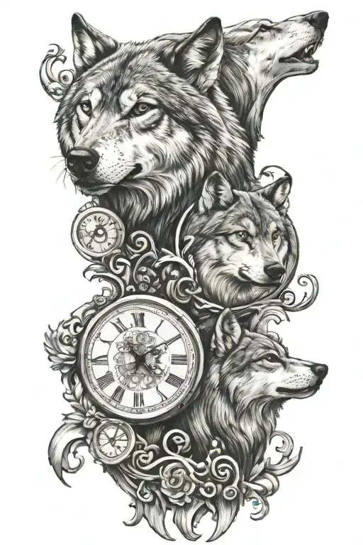 Two Wolf Brothers With A Clock