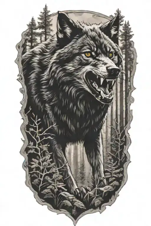 Black Wolf Growling In Forest Scene