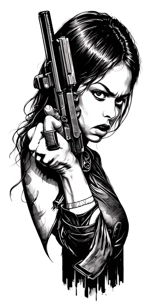 Girl With Weapons A Gun And An Angry Black And White Sketch On The Whole Hand