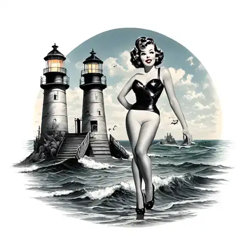 50'S Pinup Girl With A Lighthouse Between Her Legs