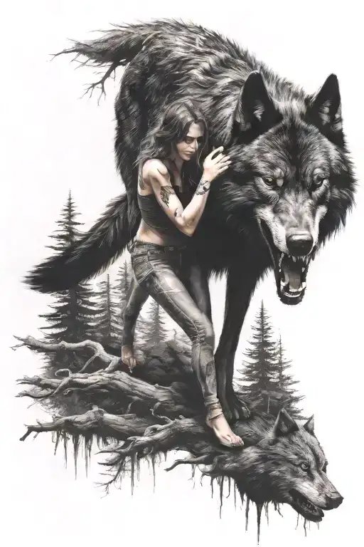 Ferocious Black Evil Wolf In The Forest With Woman