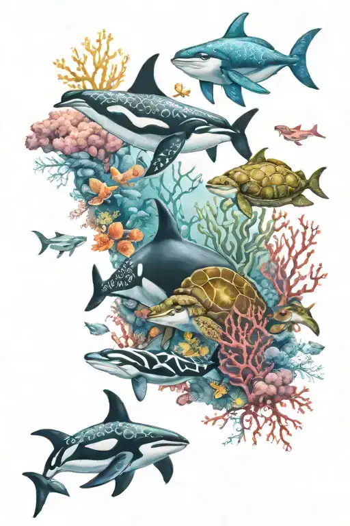 Underwater Scene With Colorful Coral Orcas Dolphin And Turtle