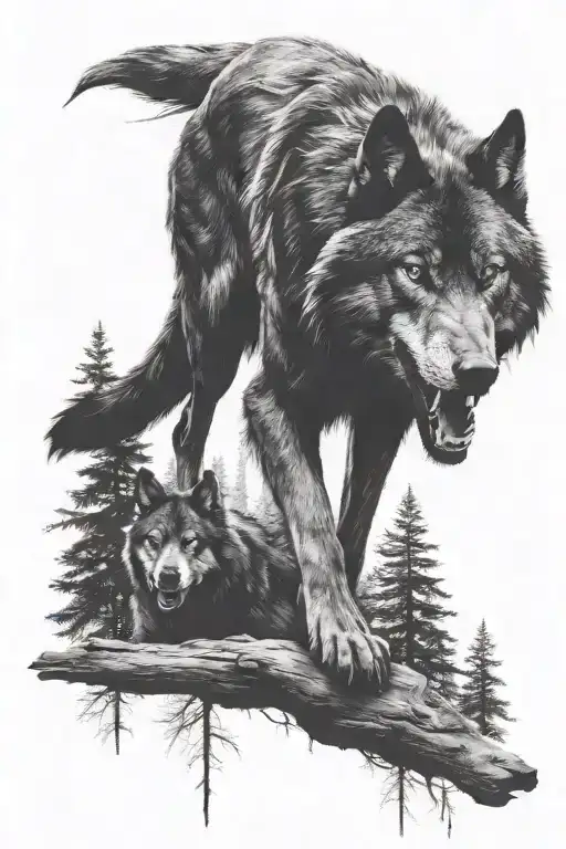 Ferocious Black Evil Wolf In The Forest With Beautiful Woman