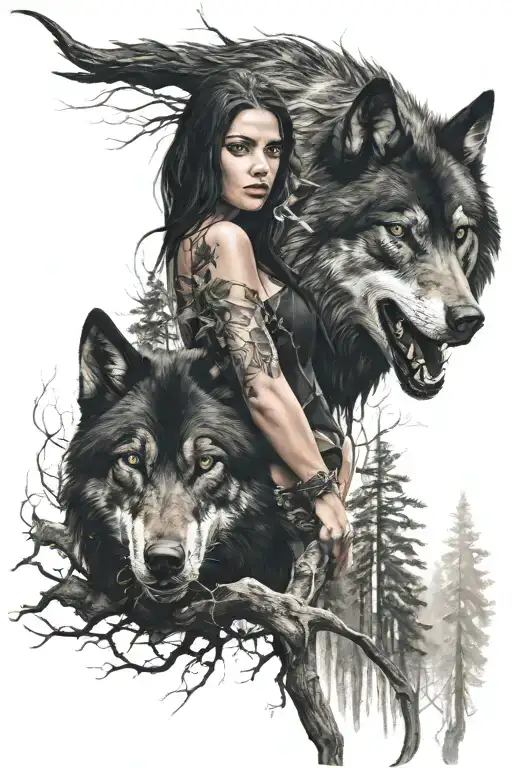 Ferocious Black Evil Wolf In The Forest With Beautiful Woman