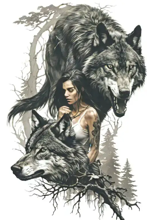 Ferocious Black Evil Wolf In The Forest With Beautiful Woman