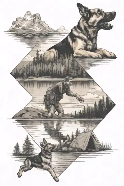 Camping Scene On A Lake With A Man Throwing A Toy To A German Shepard Jumping Into The Lake