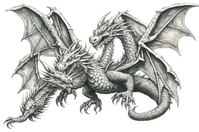 Dragon With 2 Young Dragons Flying