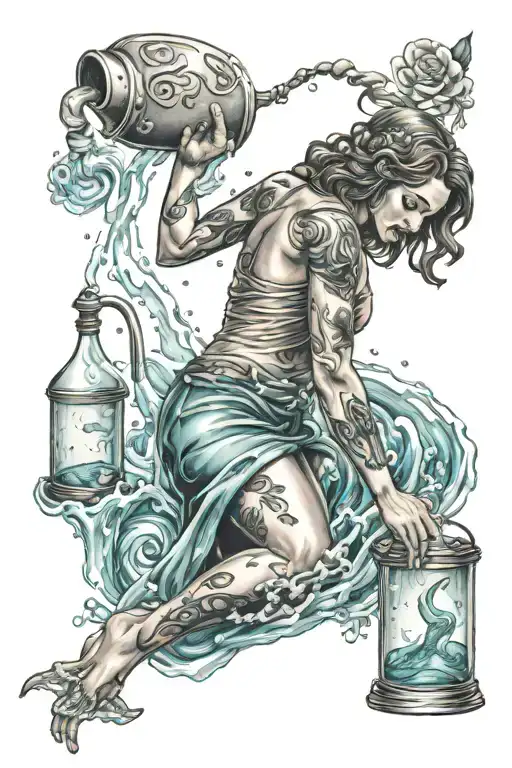 Aquarius Lady Pouring Water With Zodiak Stuff In Background